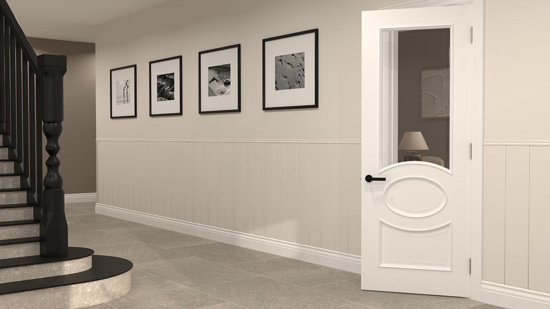 White Clarendon Glazed Internal Door – Deanta | Doorphoria Deanta White Primed Clarendon Glazed Internal Door with clear glass panel in modern hallway setting