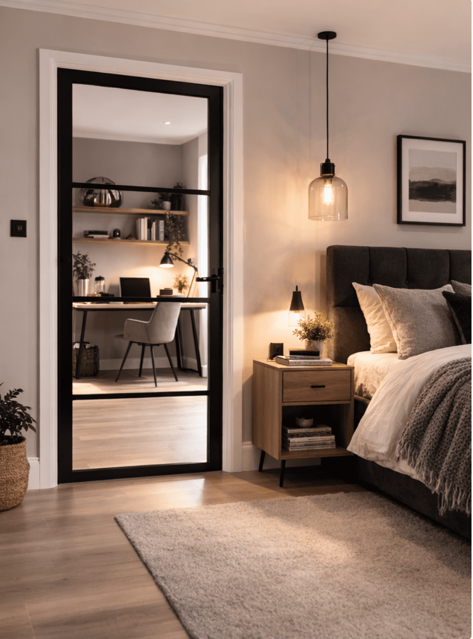 Black Soho clear glass door in bedroom setting | Doorphoria Black Soho style clear glass internal door between a modern bedroom and home office with minimalist décor.