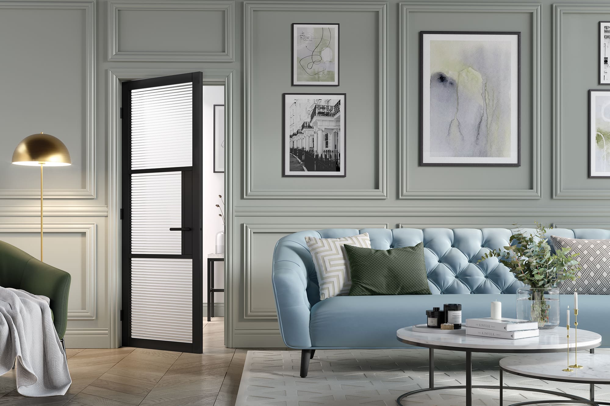 Internal Door Black Tribeca 3 Light Reeded Glass in Situ