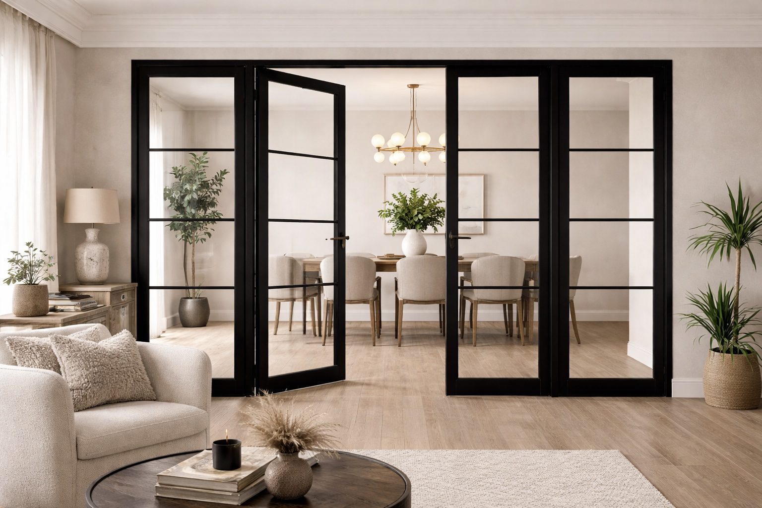 Black Soho W8 glazed room divider doors separating a living room and dining area in a modern open-plan home.