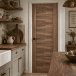 Walnut Vancouver Veneered Ladder Style Door | Doorphoria Walnut Vancouver internal door in a country-style kitchen with walnut worktops, shaker cabinets, rustic shelving, and warm farmhouse décor.