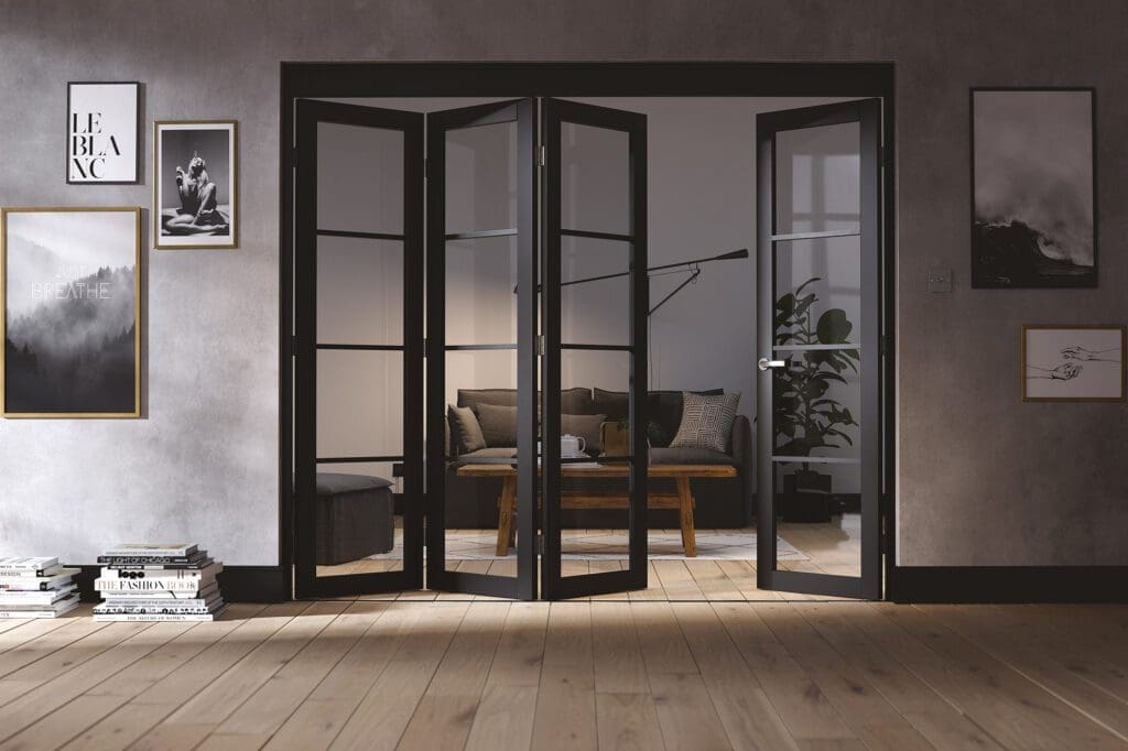 Folding internal room divider Black Soho with clear glass panels