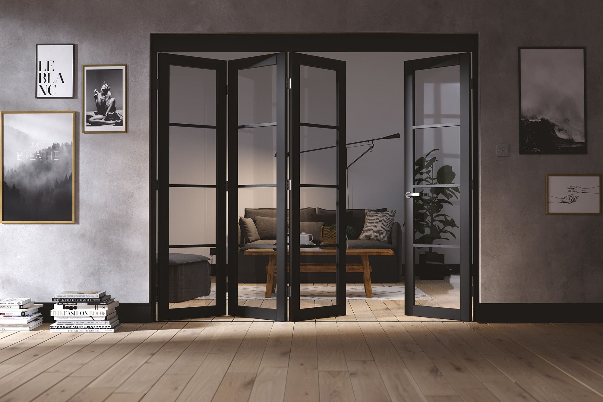 Folding internal room divider Black Soho with clear glass panels