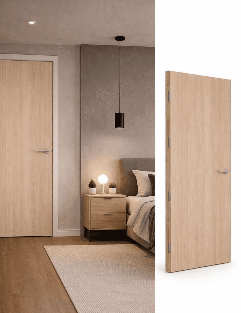 Hardwood FD30 fire door blank with light veneer finish and visible grain in modern bedroom setting