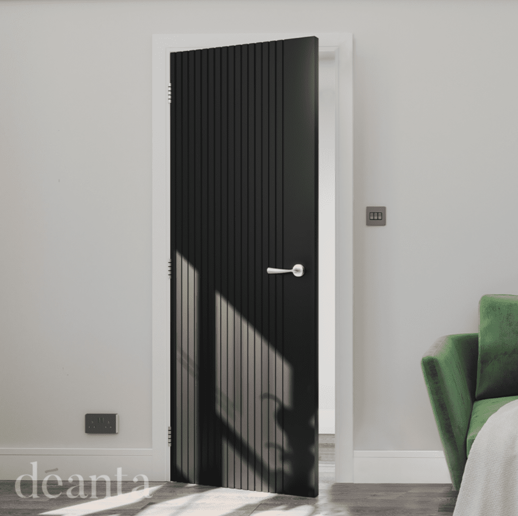 Deanta Black Malmo prefinished fire door with slatted design