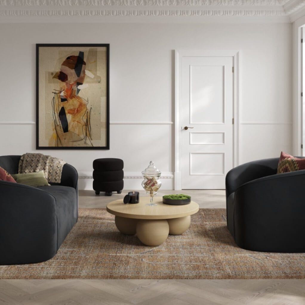 White primed FD30 fire door Toledo 3 Panel in bright living room setting