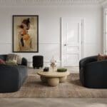 White primed FD30 fire door Toledo 3 Panel in bright living room setting