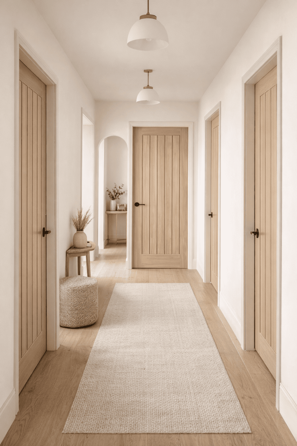 Minimalist hallway with light oak doors | Doorphoria oak internal doors with vertical grooves in beige minimalist hallway