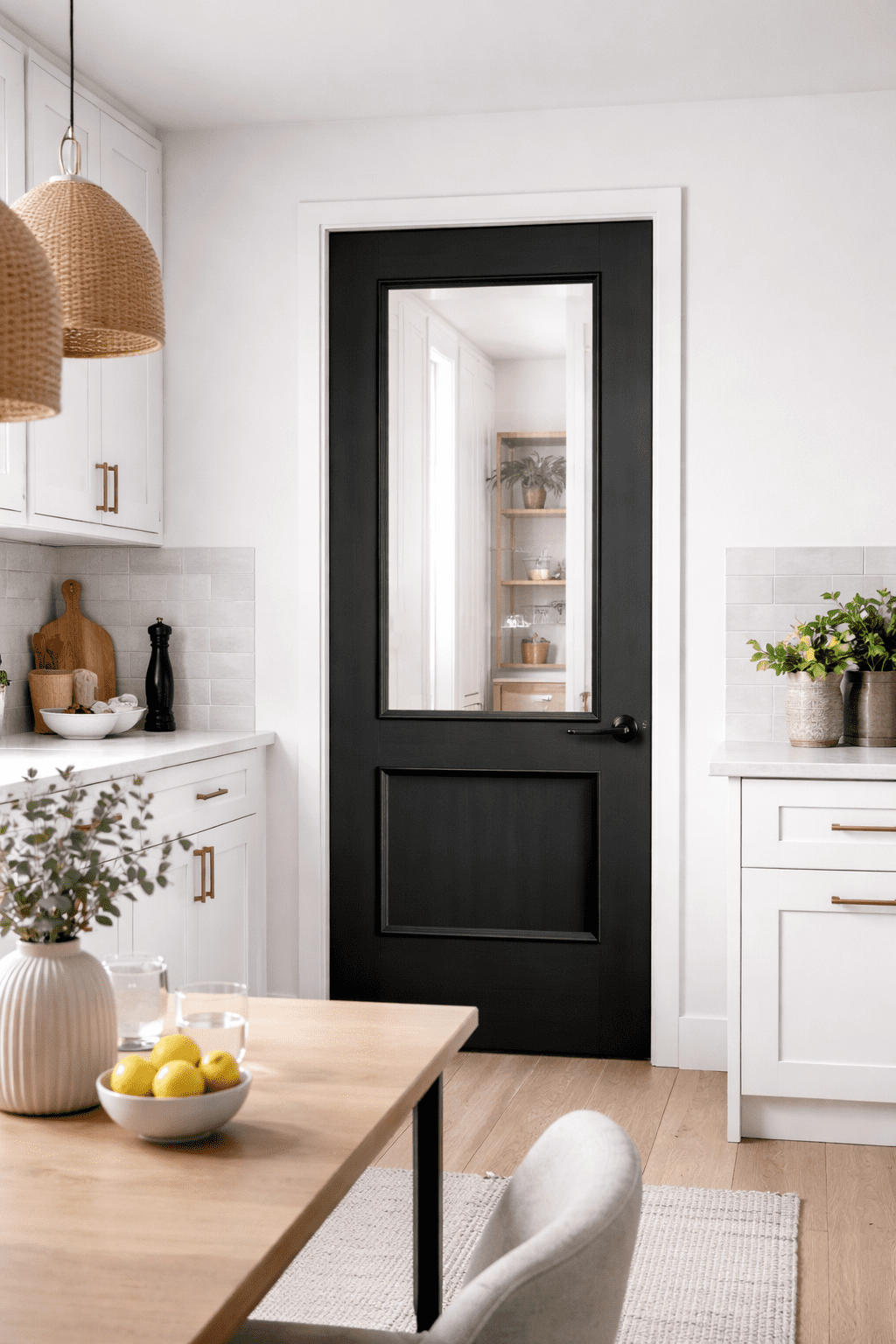 Murcia 2 Panel in kitchen setting with Clear Glass | Doorphoria black internal door with clear glass murcia 2 panel in modern kitchen
