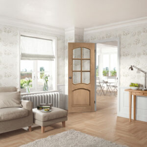 Internal Oak Riviera Door with Clear Bevelled Glass and Raised Mouldings - Image 2
