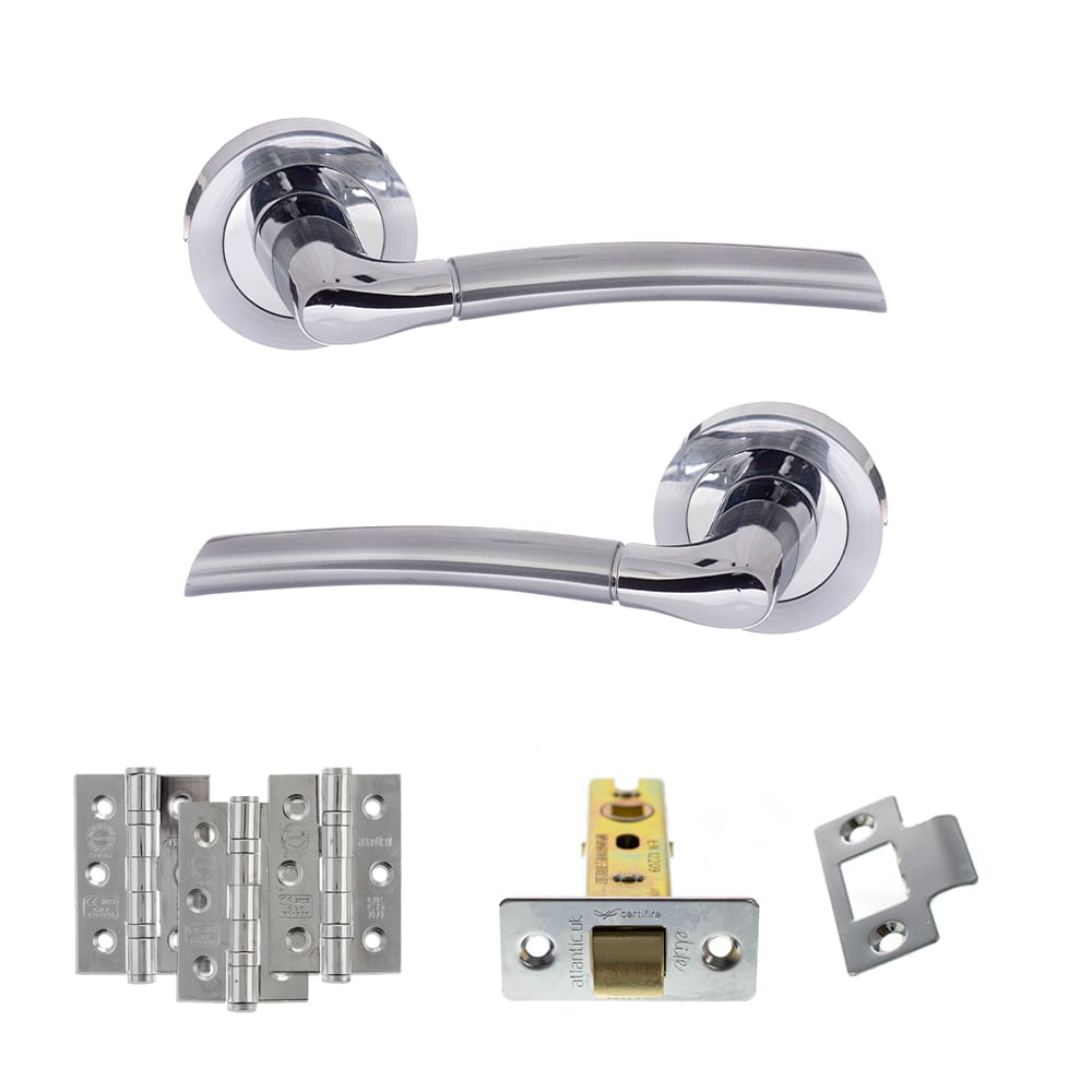 Atlantic Swell Latch Dorpac in Satin Chrome and Polished Chrome with latch and three 3x2 hinges.