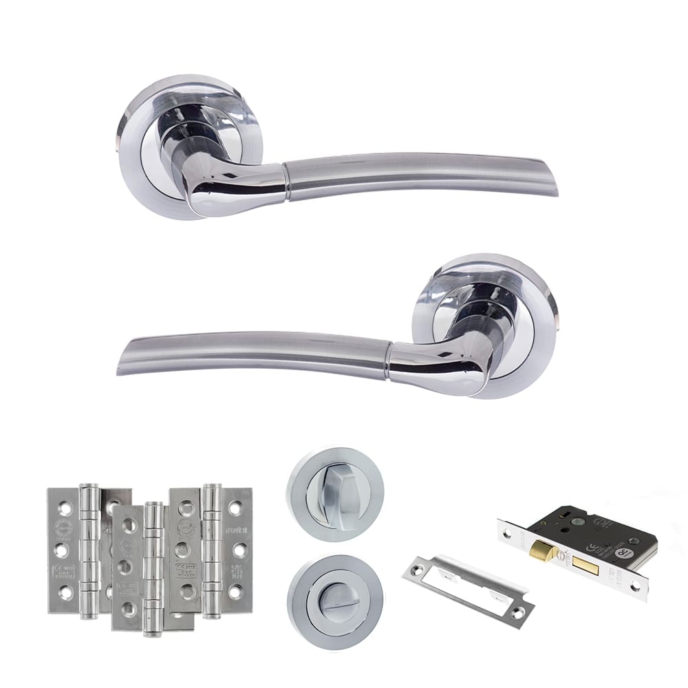 Atlantic Swell Dorpac Bathroom Bundle in satin chrome and polished chrome with 2.5" latch and hinges
