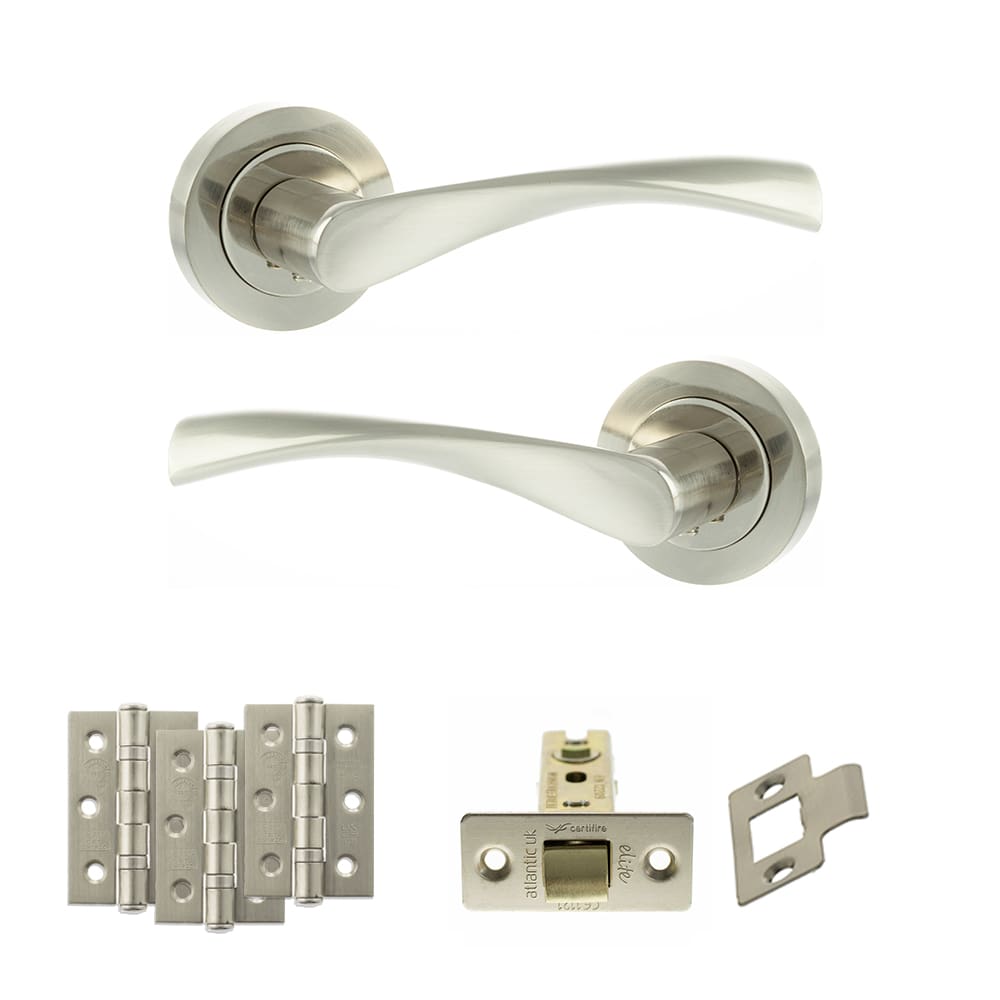 Atlantic Aqua Latch Dorpac in Satin Nickel/Nickel Plate with 2.5" latch and three 3x2 hinges.