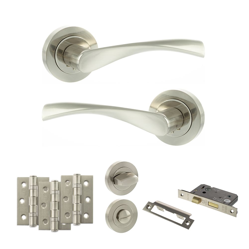 Atlantic Aqua Dorpac Bathroom Bundle in satin nickel with latch and hinges.