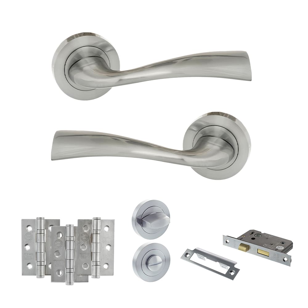 Atlantic Wave Dorpac Bathroom Bundle in satin chrome with latch and hinges.
