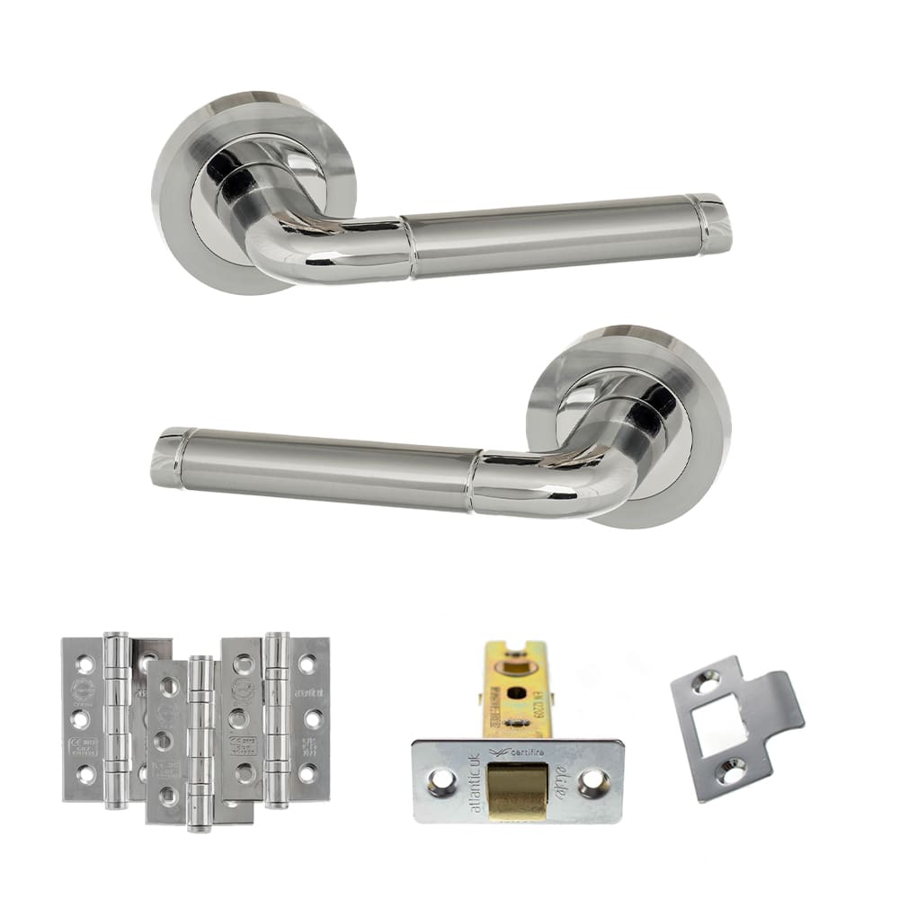 Atlantic Ocean Latch Dorpac in Satin Chrome and Polished Chrome with latch and three 3x2 hinges.
