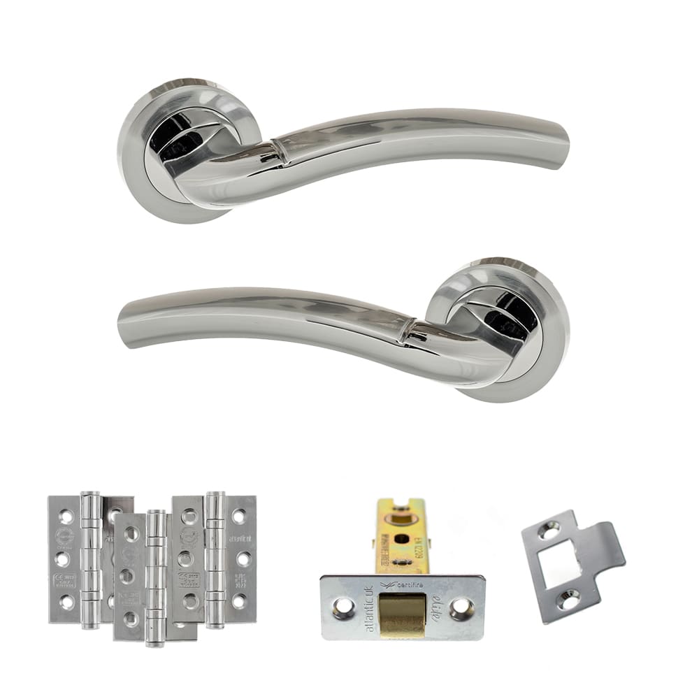 Atlantic Crest Latch Dorpac in dual Satin Chrome and Polished Chrome with latch and three 3x2 hinges.