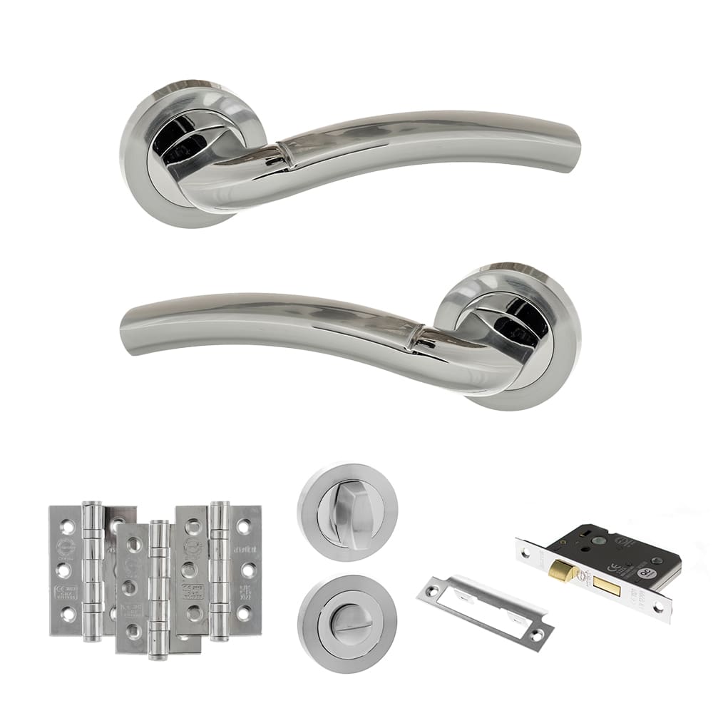 Atlantic Crest Dorpac Bathroom Bundle in Satin and Polished Chrome with 3" latch and hinges.