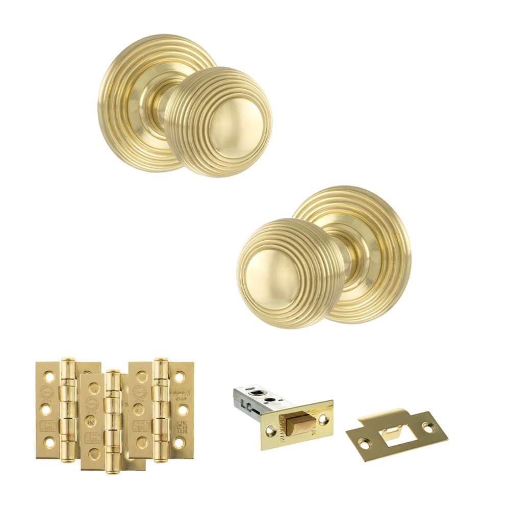 Old English Ripon Solid Brass Reeded Beehive Mortice Door Knob on Concealed Fix Rose - PB - Image 2