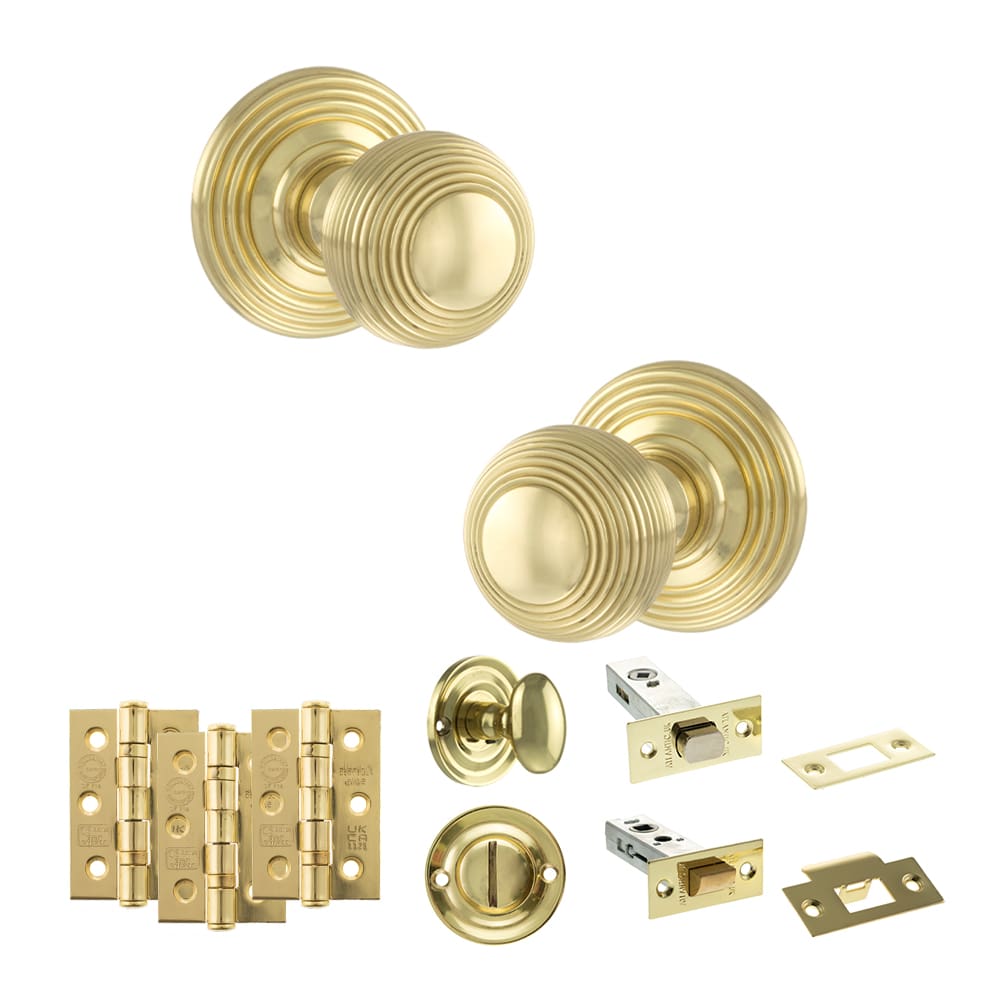 Old English Ripon Solid Brass Reeded Beehive Mortice Door Knob on Concealed Fix Rose - PB - Image 3