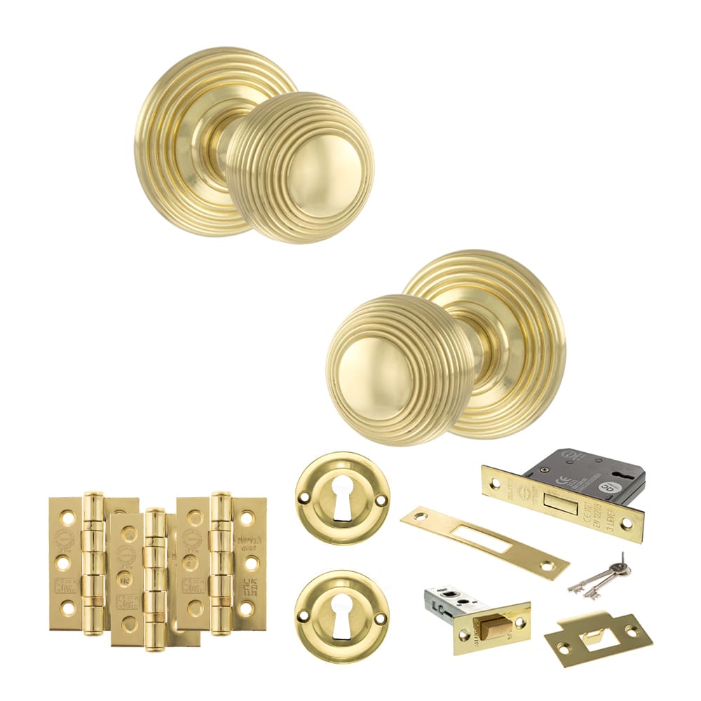 Old English Ripon Solid Brass Reeded Beehive Mortice Door Knob on Concealed Fix Rose - PB - Image 4