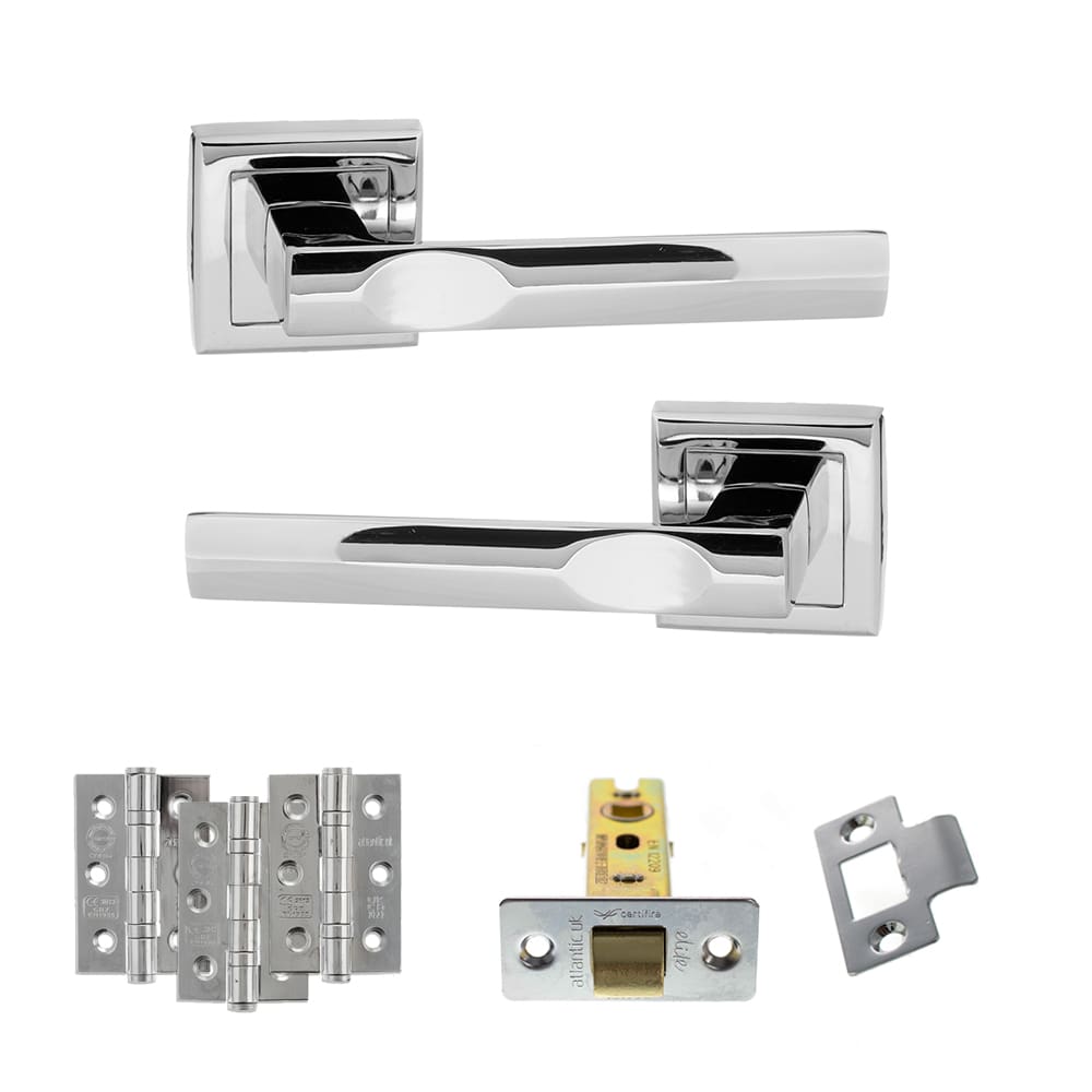 Close-up of Atlantic Kansas Latch Dorpac in polished chrome finish showing latch and 3x2 hinges.