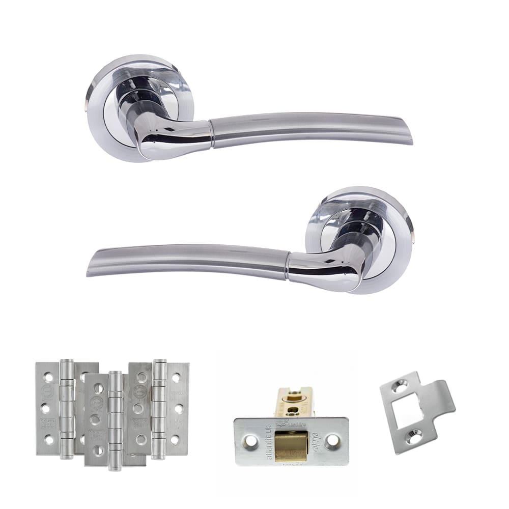 Atlantic Indiana Latch Dorpac in satin chrome and polished chrome finish with matching hinges.