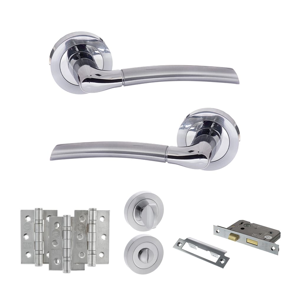Atlantic Indiana Dorpac Bathroom Bundle in satin chrome and polished chrome with 2.5" latch and hinges