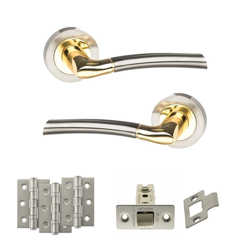Atlantic Indiana Latch Dorpac in satin nickel and polished brass with matching hinges.