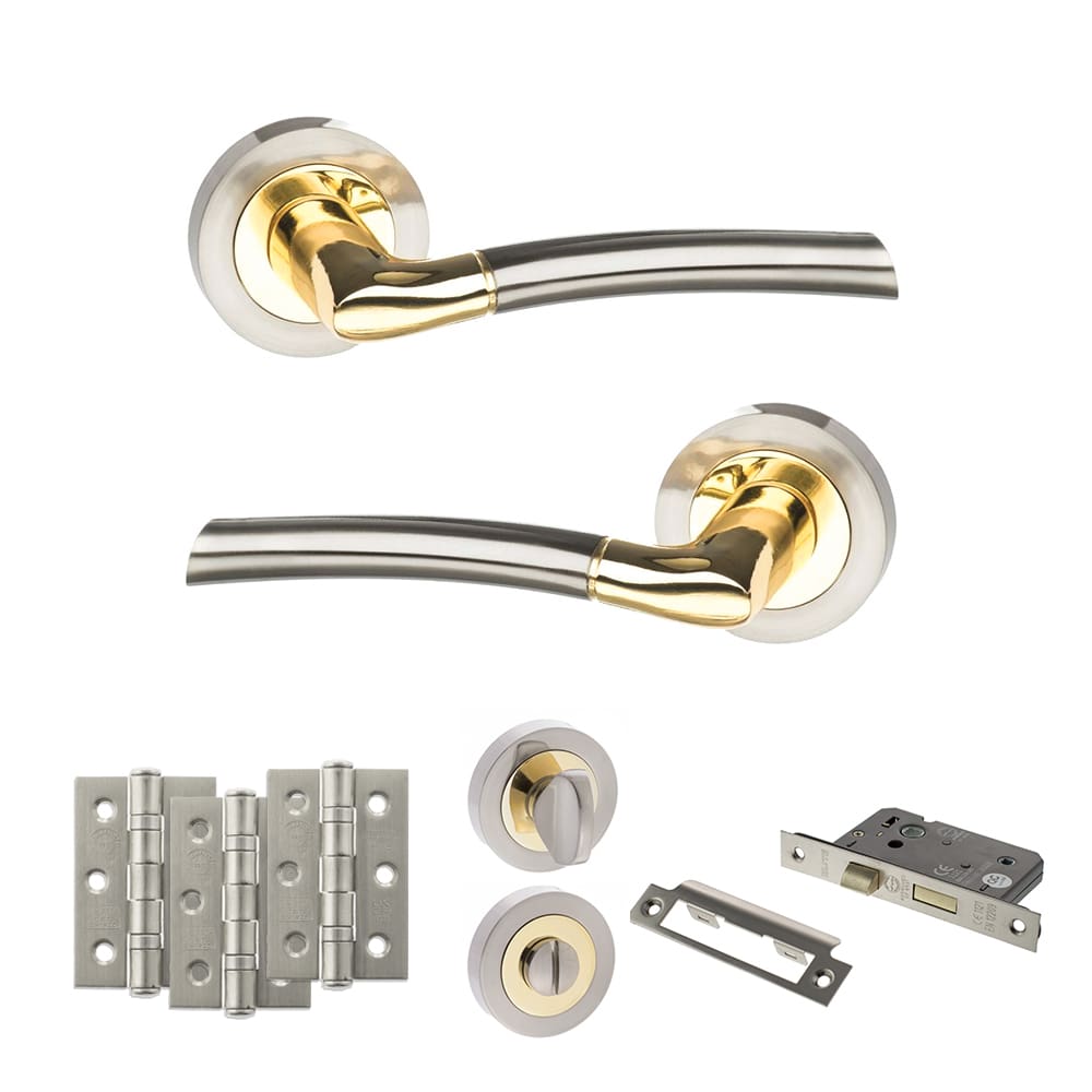 Atlantic Indiana Dorpac Bathroom Bundle in satin nickel and polished brass with 3" latch and hinges