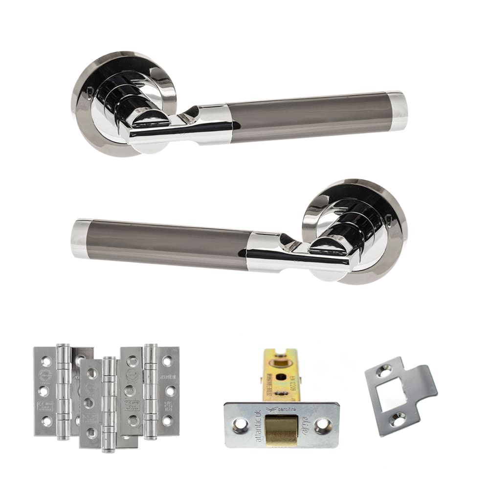 Atlantic Dakota Latch Dorpac in black nickel and polished chrome with matching hinges.