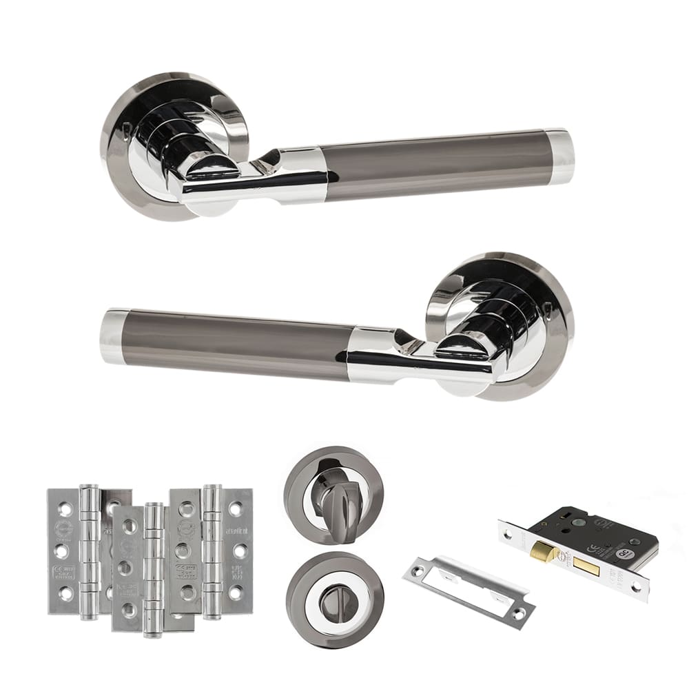 Atlantic Dakota Dorpac Bathroom Bundle in black nickel and polished chrome with 2.5" latch and hinges