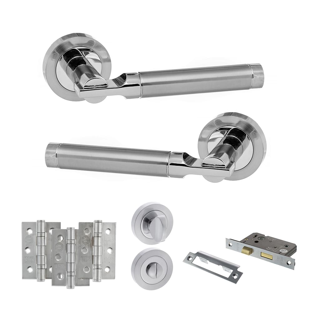 Atlantic Dakota Dorpac Bathroom Bundle in satin chrome and polished chrome with 3" latch and hinges