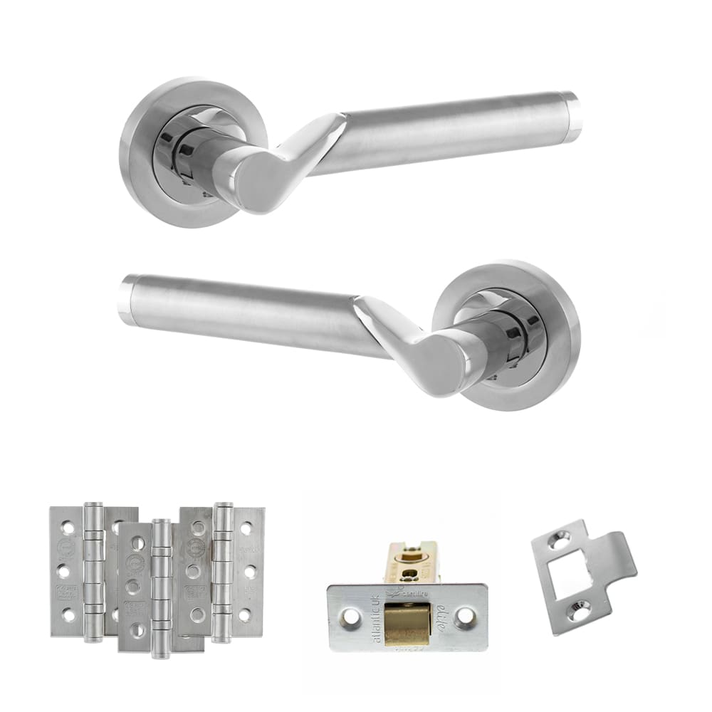 Close-up of Atlantic Hawaii Latch Dorpac in satin and polished chrome finish with hinges.