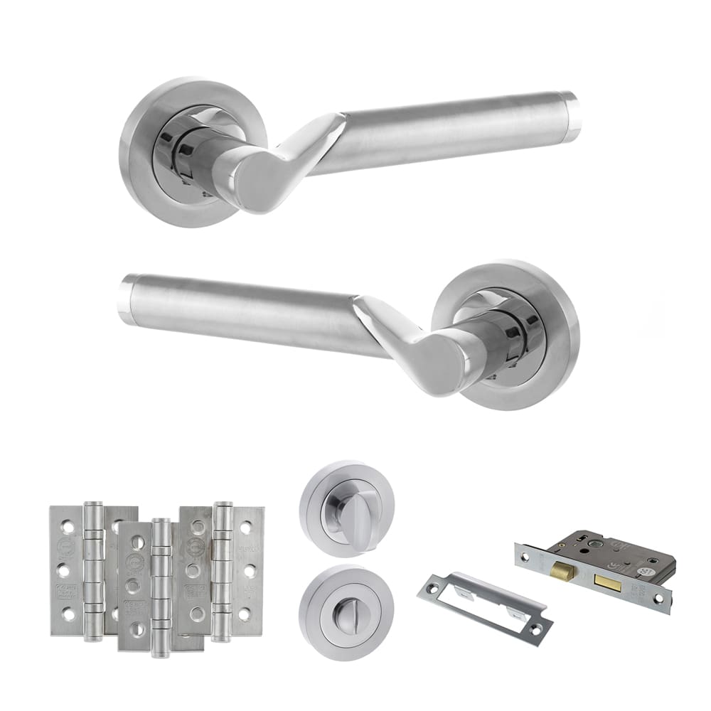 Atlantic Hawaii Dorpac Bathroom Bundle in satin chrome and polished chrome with 2.5" latch and hinges