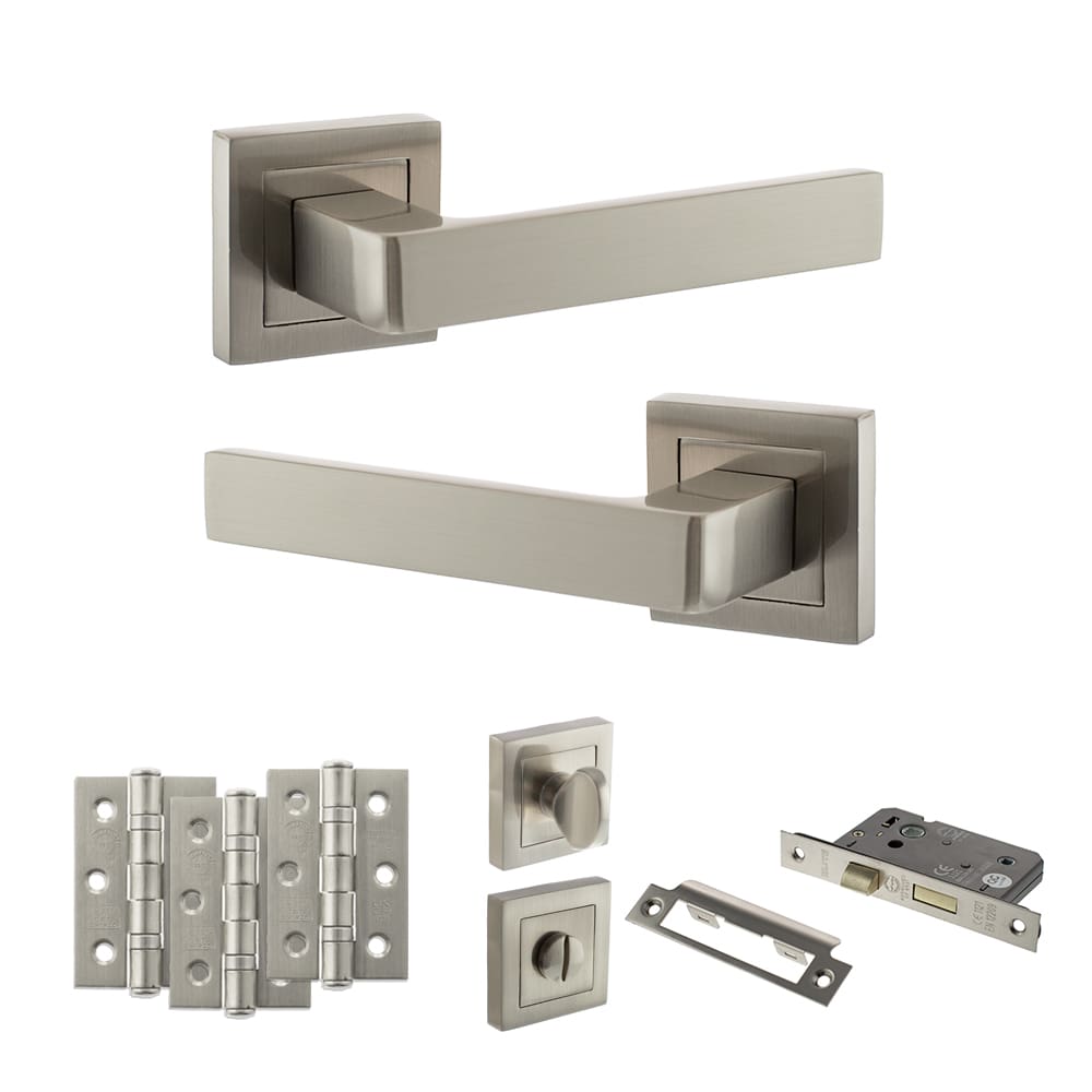 Atlantic Montana Dorpac Bathroom Bundle in satin nickel with 2.5" latch and hinges