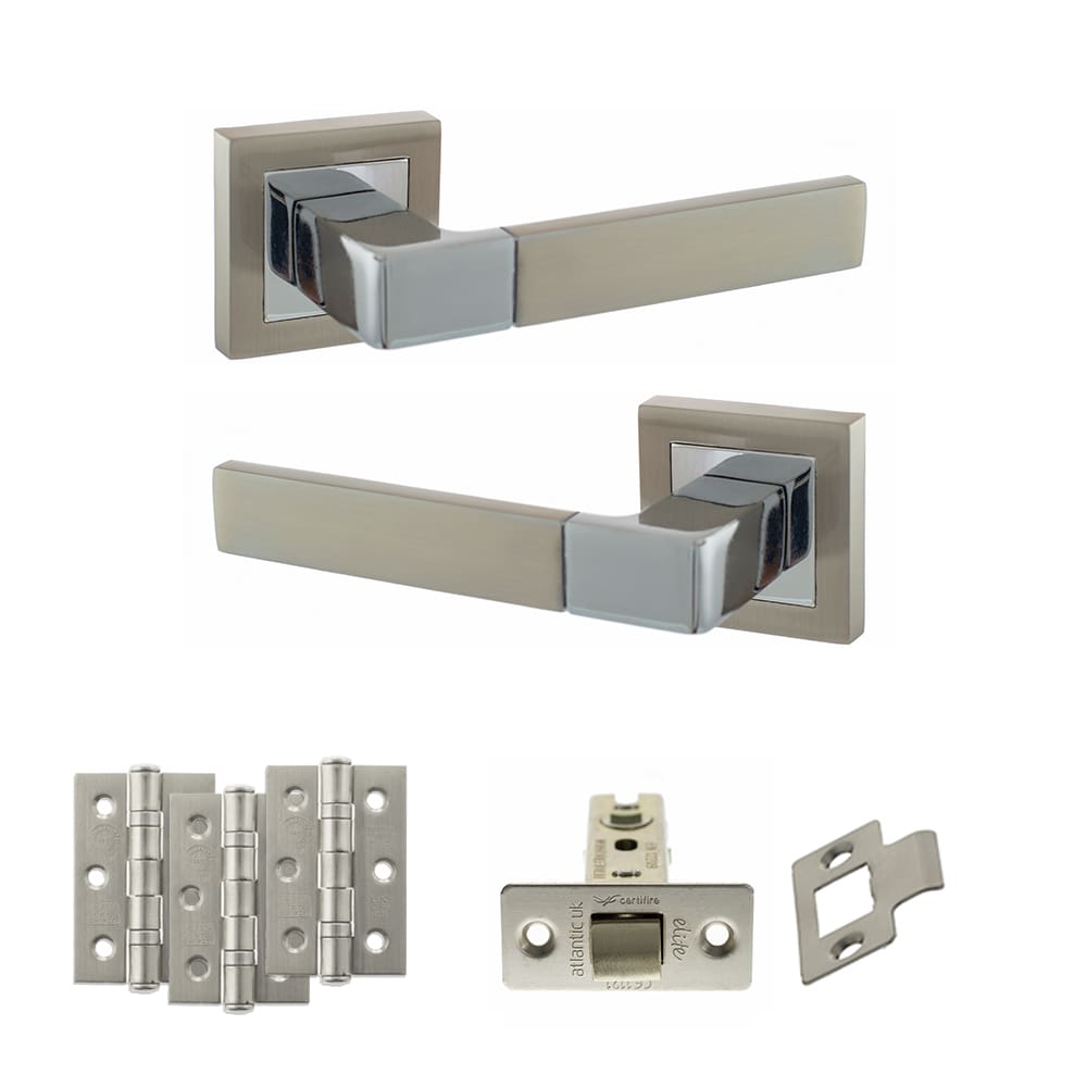 Atlantic Montana Latch Dorpac in satin nickel and polished chrome with 2.5" latch and hinges