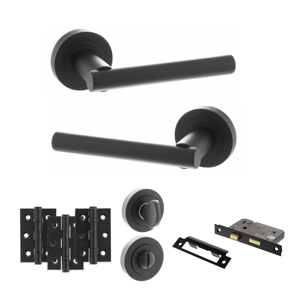 Atlantic Nebraska Dorpac bathroom set in matt black with 2.5" latch and three hinges