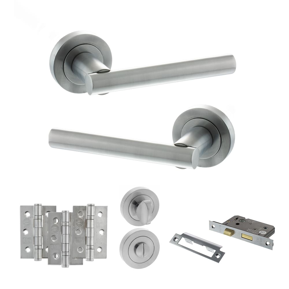 Atlantic Nebraska bathroom door pack in satin chrome with 3" latch and three hinges