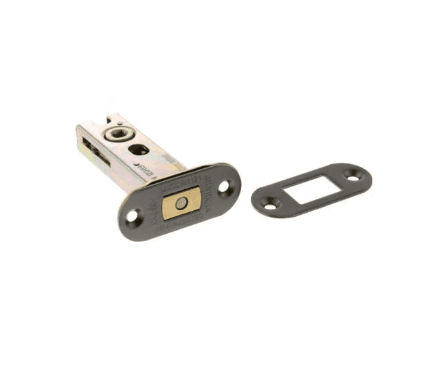 Electric strike lock with mounting plate and gasket, shown disassembled