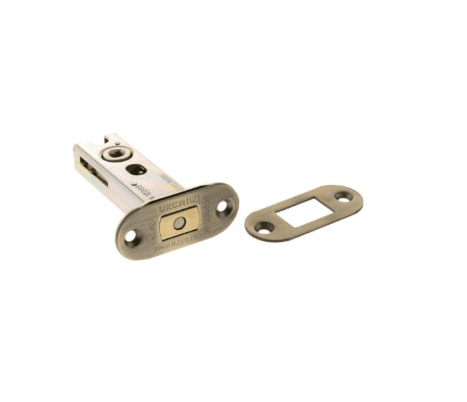 Metal door latch with its matching strike plate and mounting screws, shown separately.