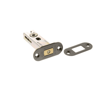 Metal door strike with a separate mounting plate, used in door hardware to secure a latch.