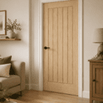Bologna Door in home setting | Doorphoria Oak Bologna 5 panel internal door in a warm modern living room with neutral décor, light oak flooring, black hardware, and soft natural lighting.