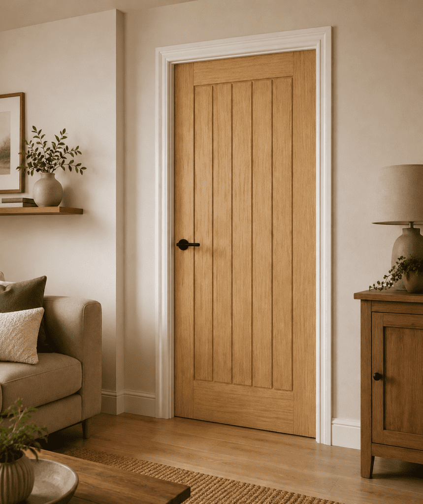 oak cottage-style internal door with a satin clear lacquer finish in a modern neutral-toned hallway featuring black hardware, oak furniture, and soft natural lighting.