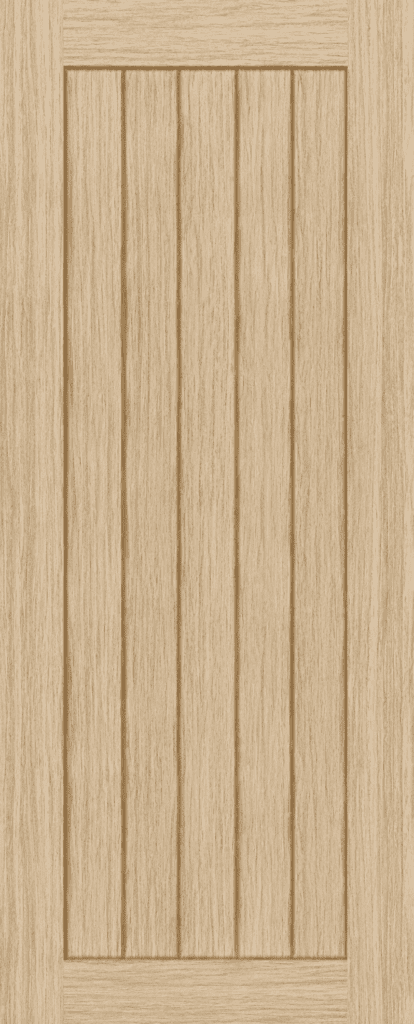 Oak Bologna 5 panel internal oak door with grooved cottage-style panel design and natural light oak veneer finish.