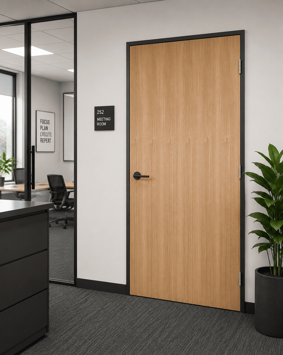 Oak Flush Door LPD | Doorphoria Modern oak flush internal door installed in a contemporary commercial office setting with black frame detailing, glass partitions, grey carpet, and minimalist office décor.