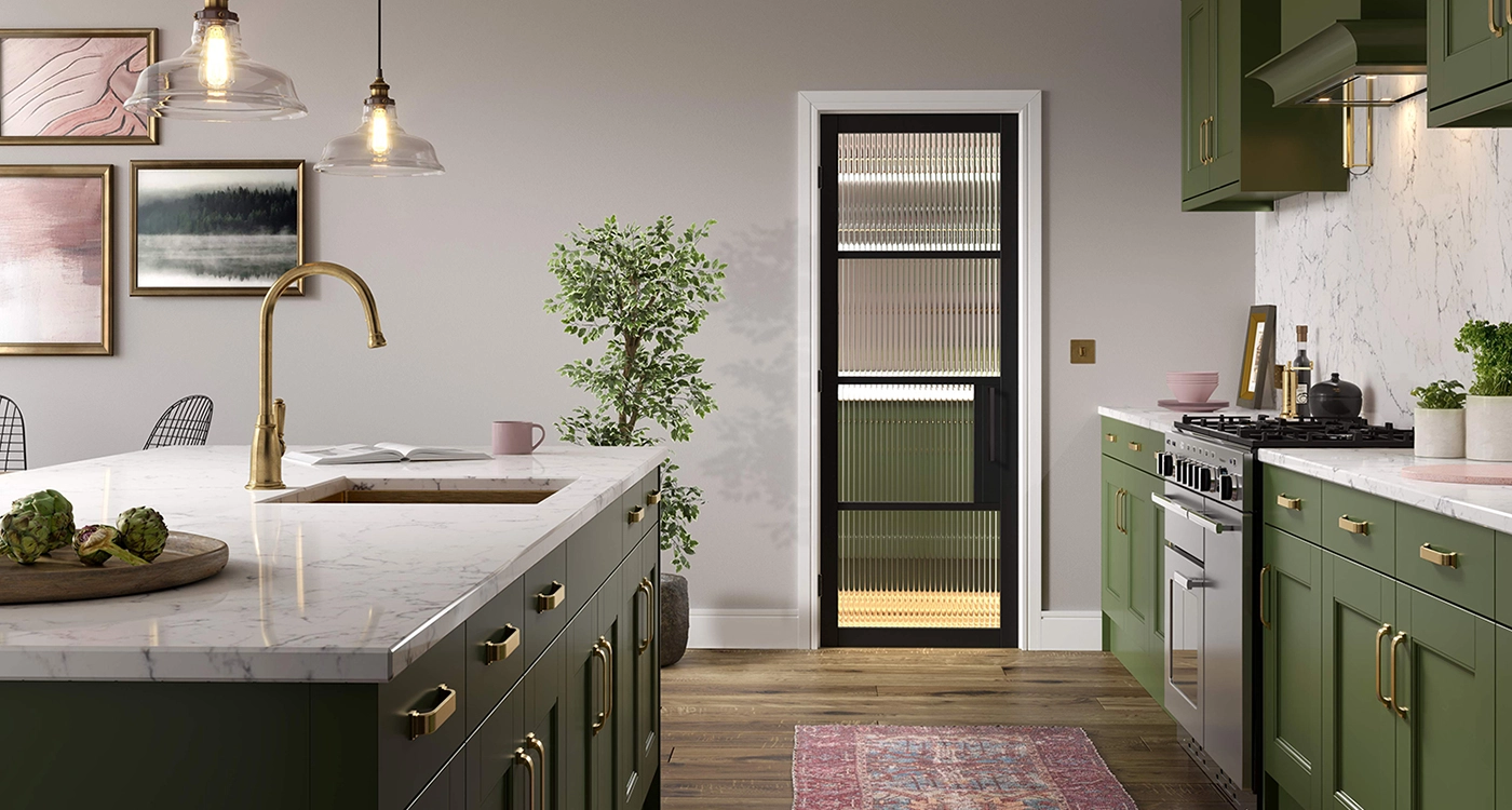 Reeded (fluted) glass internal door in black frame – LPD Chelsea style