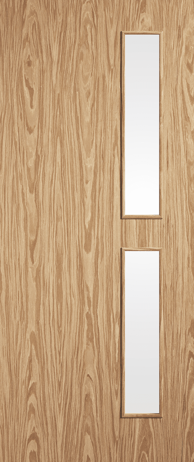 Pre-finished oak Flush 16G FD30 fire-rated interior door with clear glazed panel and decorative beading