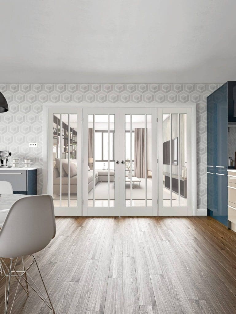 Easi-Frame white primed room divider with double internal doors and sidelights