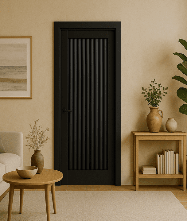 Ravenna Black Solid FD30 Fire Door with reeded panel design installed in a modern interior setting